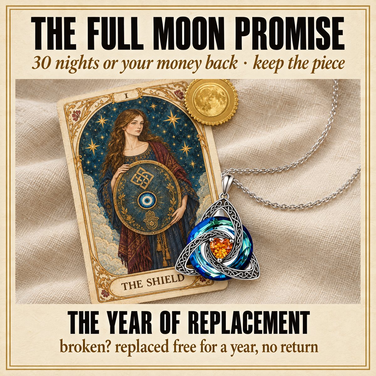 The knot laid on card I inside a gold double frame, a round gold seal stamped over the corner (full moon in its center)