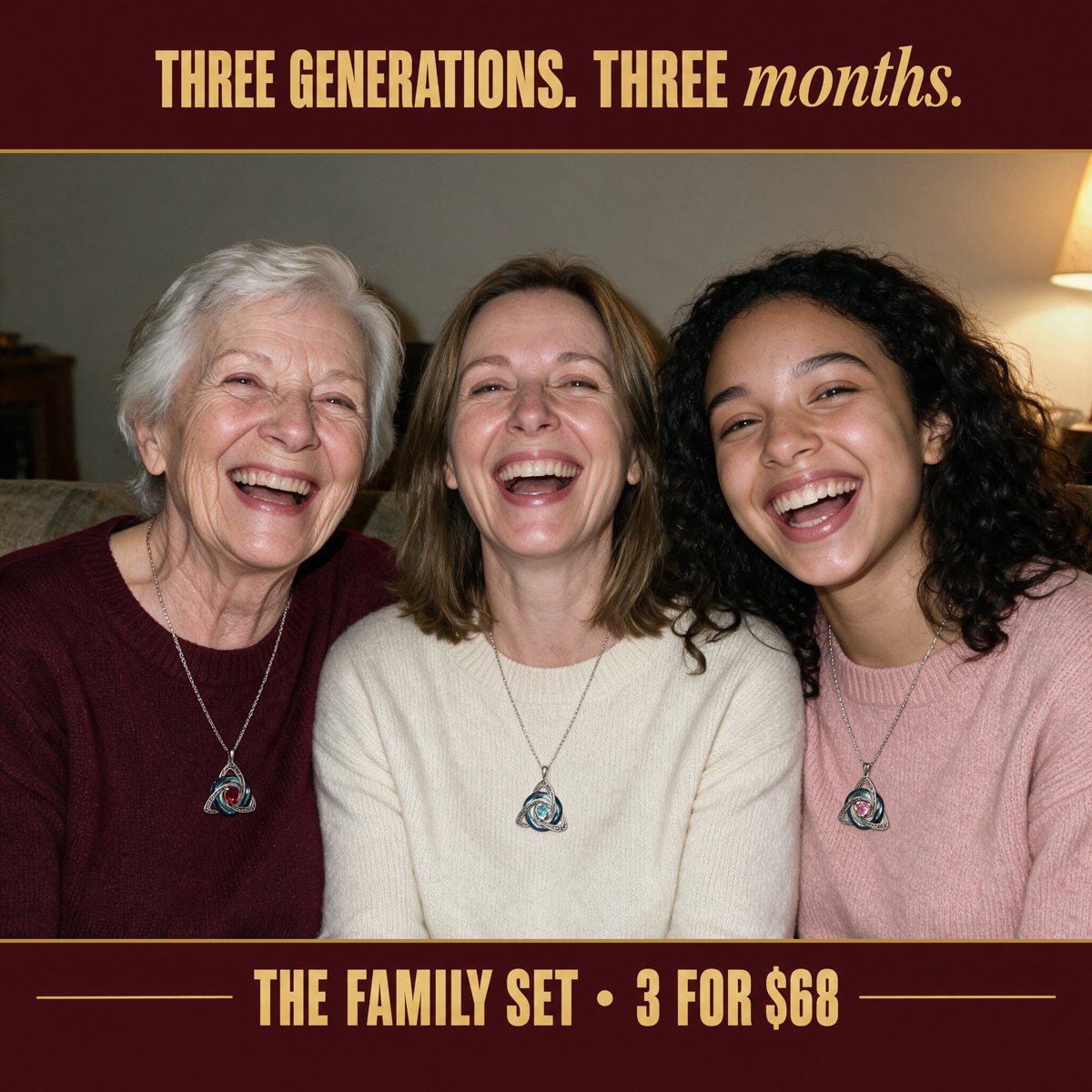 three generations side by side on a sofa, warm lamp light