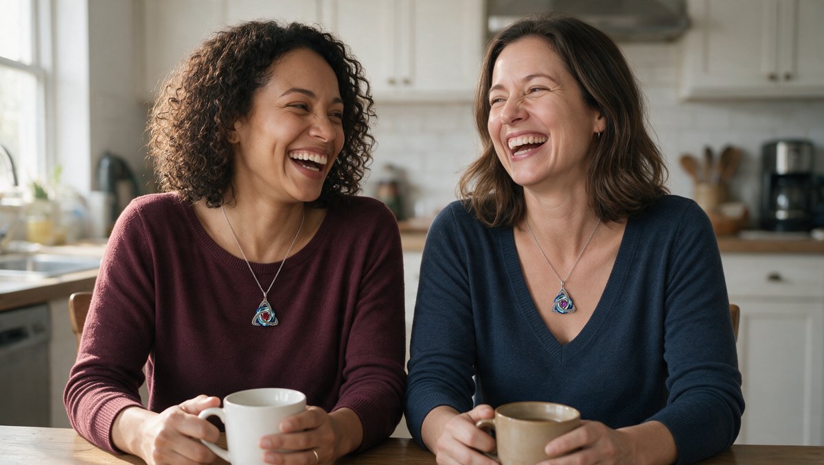 two sisters (about 40 and 45) at a kitchen table with two mugs, two necklines, ruby red and amethyst purple centers