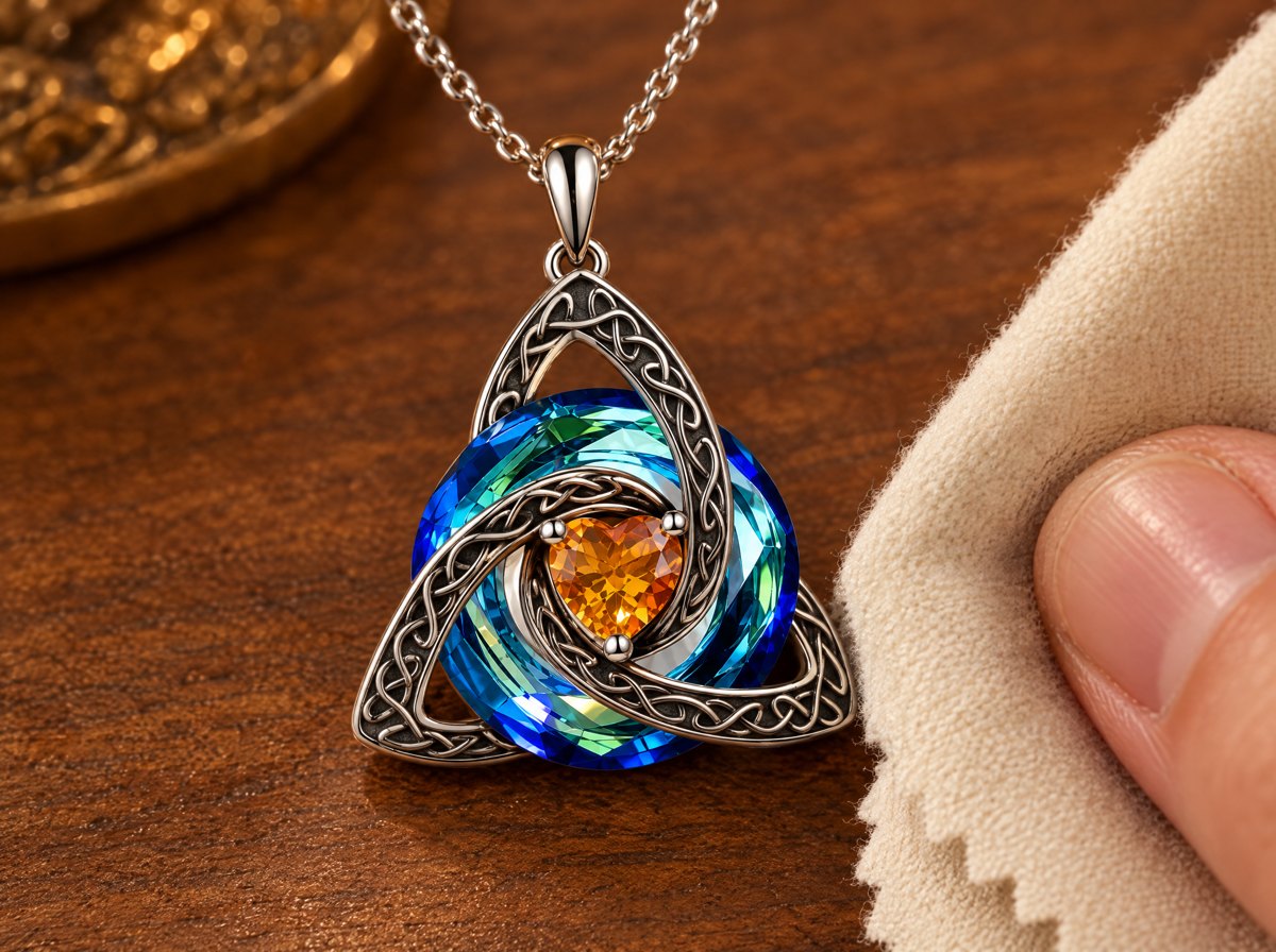 macro of the knot’s filigree with a soft penny-dark patina in the recesses and a soft cloth half in frame, one stroke already polished brigh