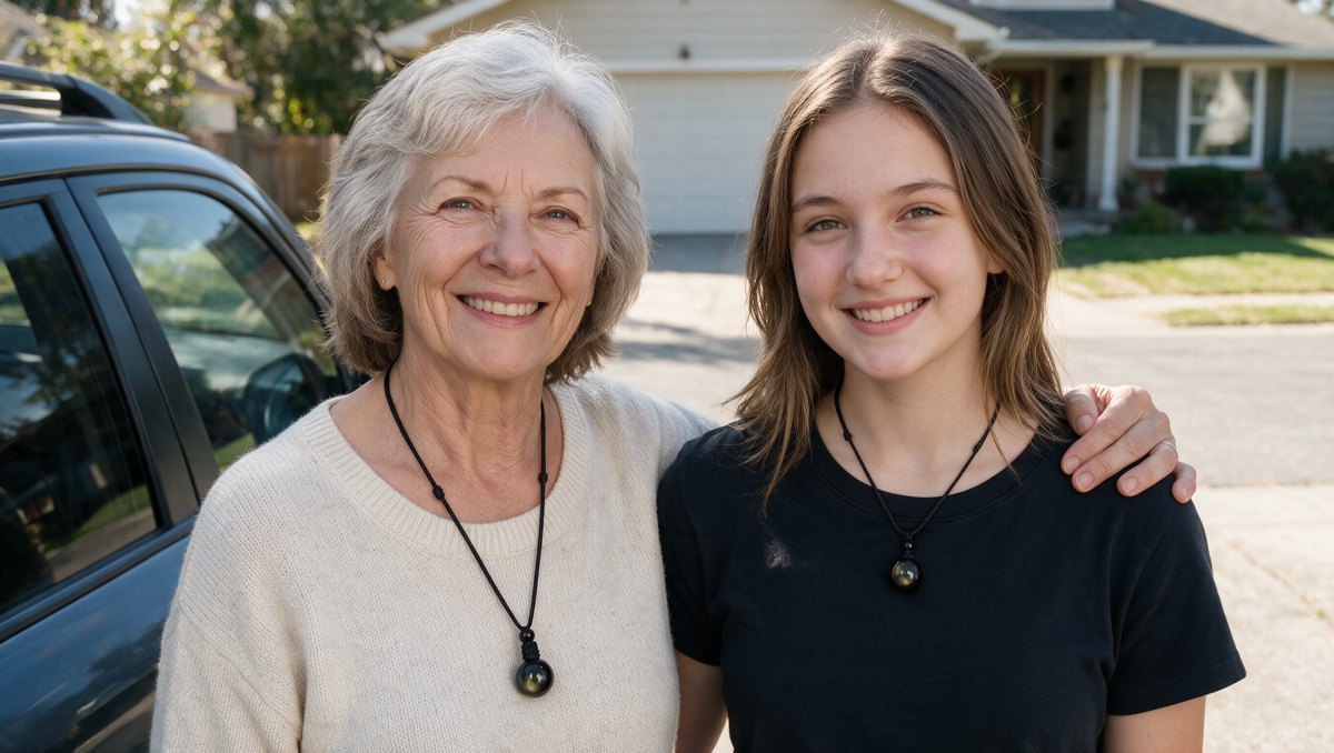 A grandmother and her granddaughter (17) by a parked car in a sunny driveway, the grandmother’s hand on the girl’s shoulder, both spheres at