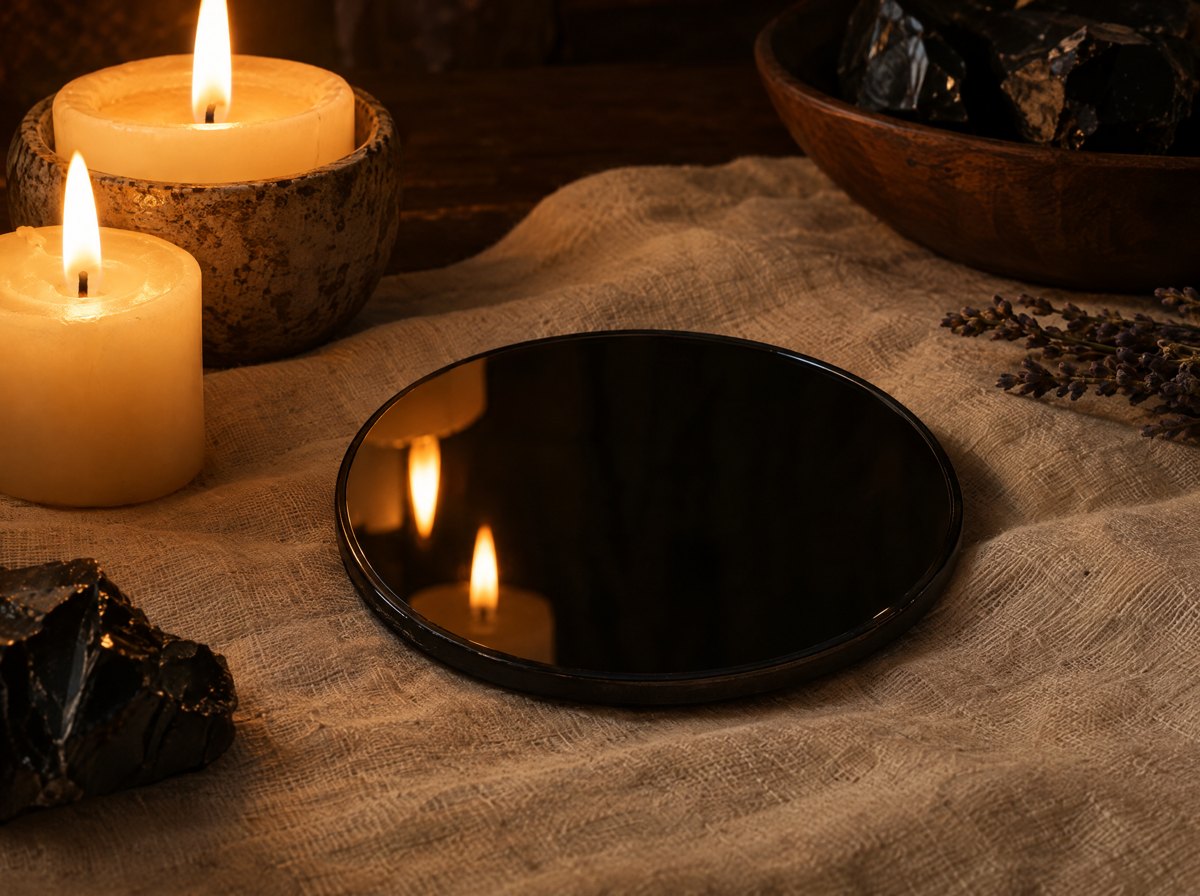 A dark polished obsidian mirror in candlelight on linen