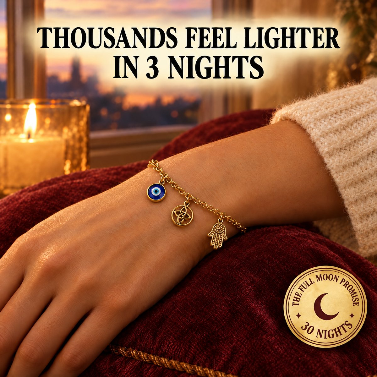 The Shield worn on a left wrist by candlelight, a seal in the corner