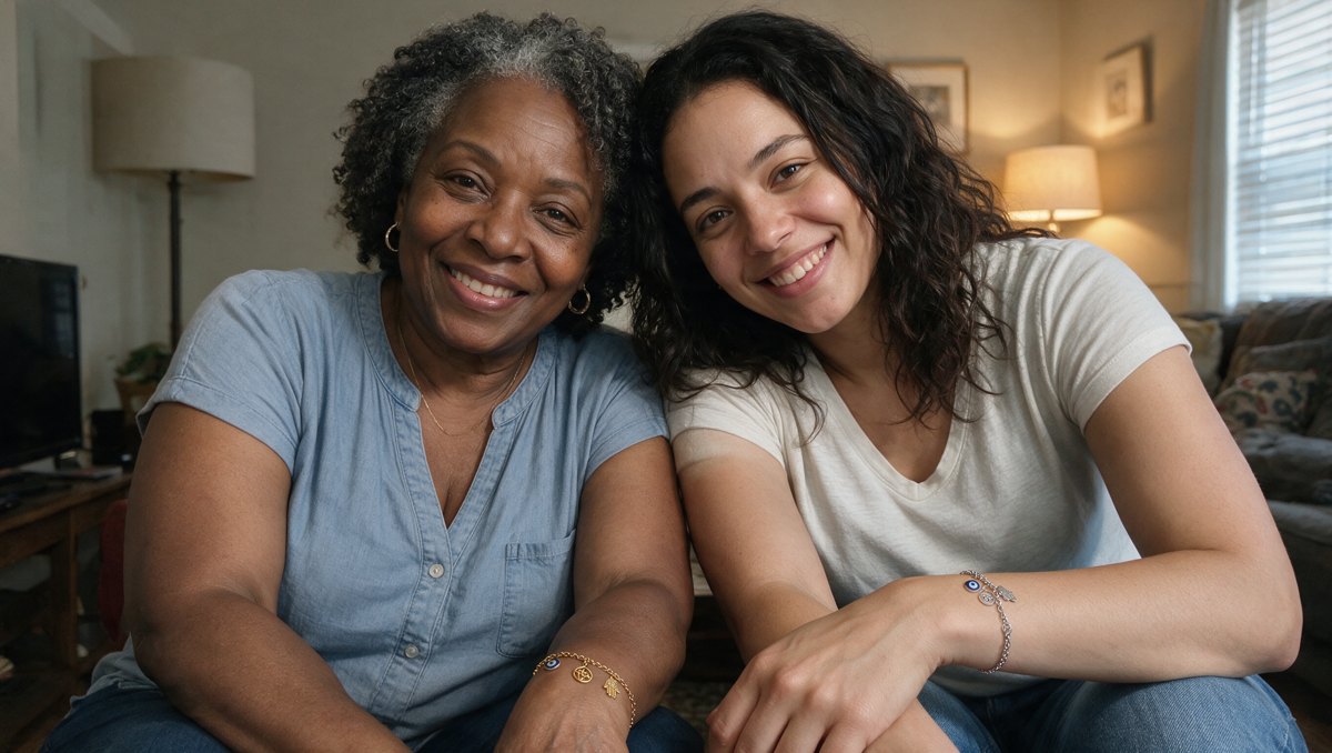 A mother and her grown daughter on a sofa, both left wrists in frame, gold-tone and silver-tone Shields