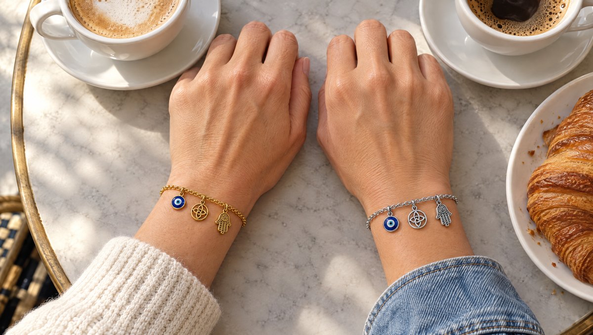 two friends’ hands on a café table, both left wrists, the two Shields, two cups