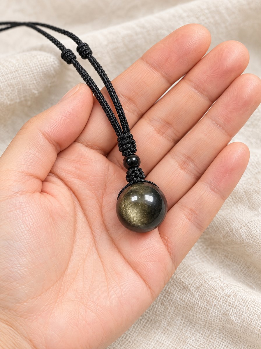 The black sphere resting in an open palm by a window, the braided cord trailing over the fingers