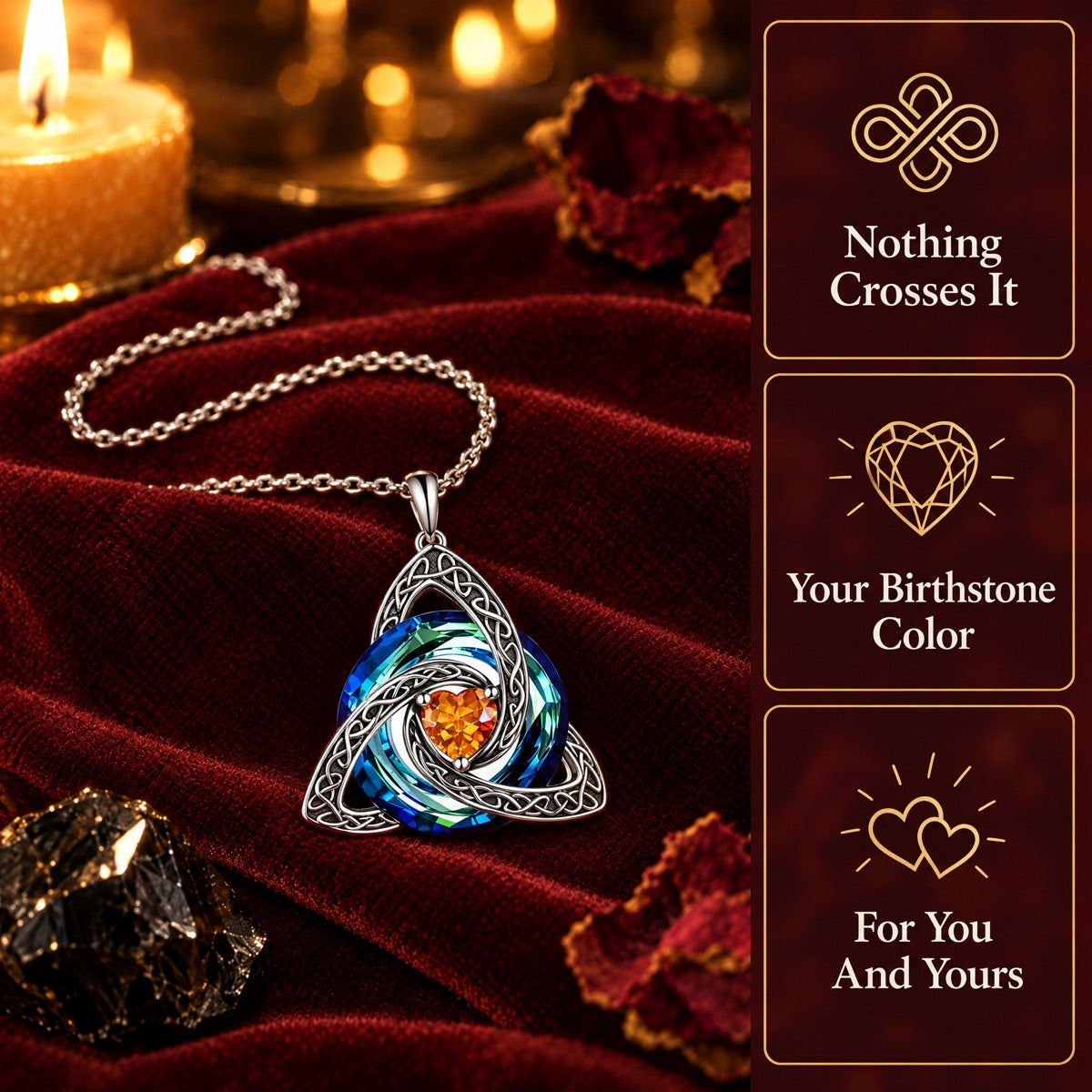 The Celtic knot birthstone necklace on burgundy velvet by candlelight