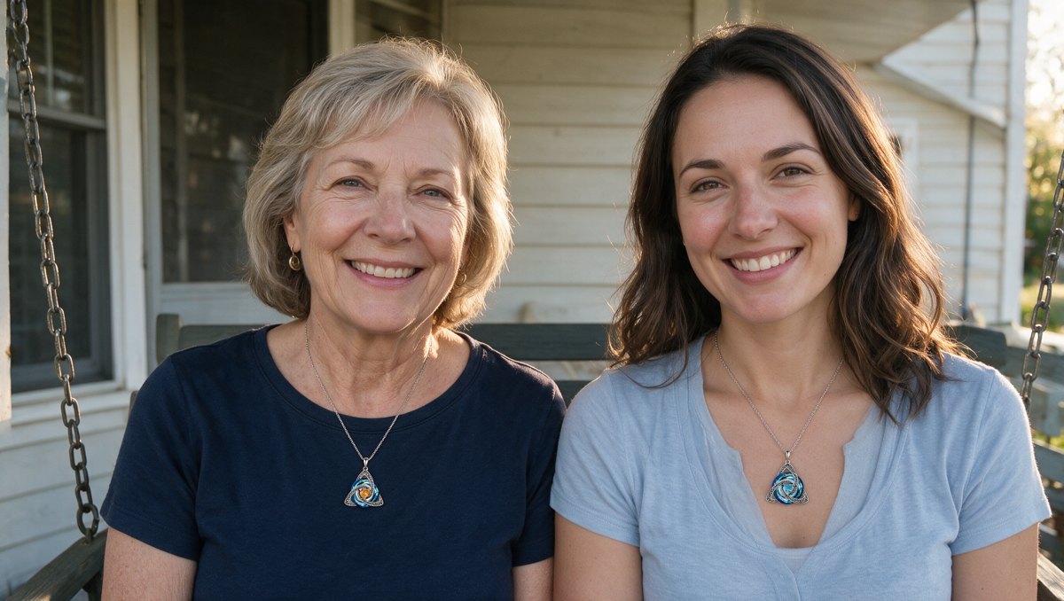 A mother (about 60) and her adult daughter (about 32) side by side on a porch swing, two necklines in frame, knots at the heart, topaz amber