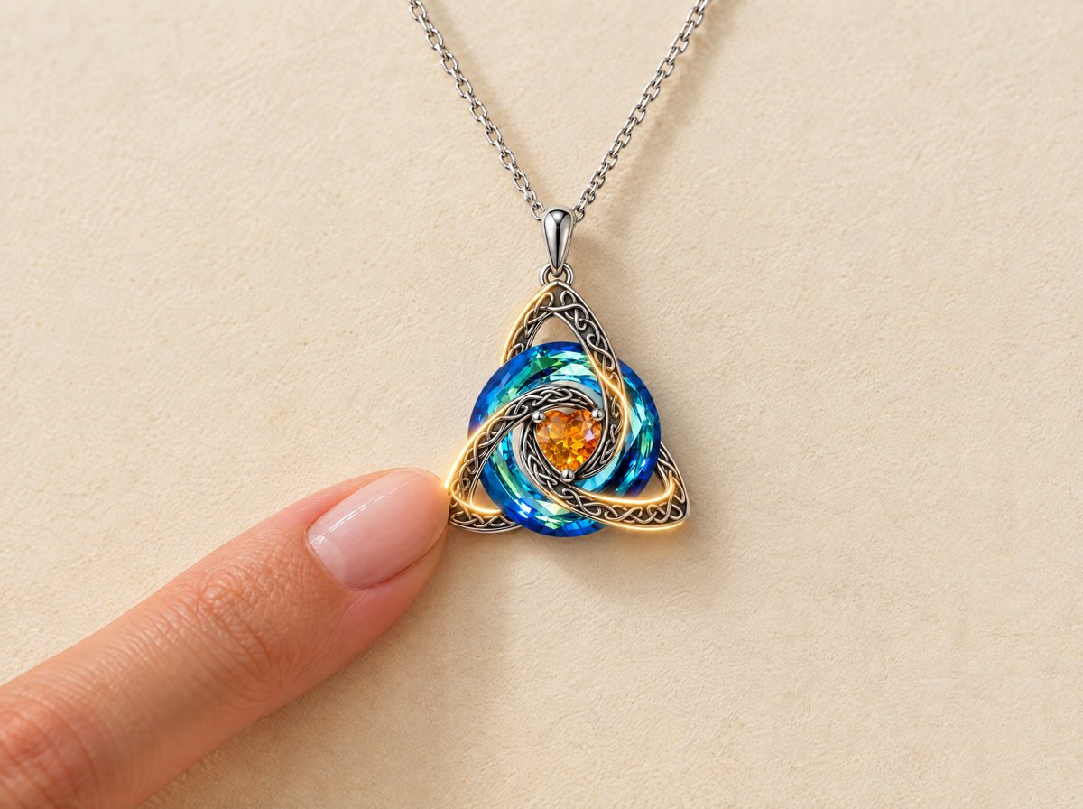 A fingertip tracing the knot’s single line on the pendant, close-up, a thin gold stroke following the finger’s path