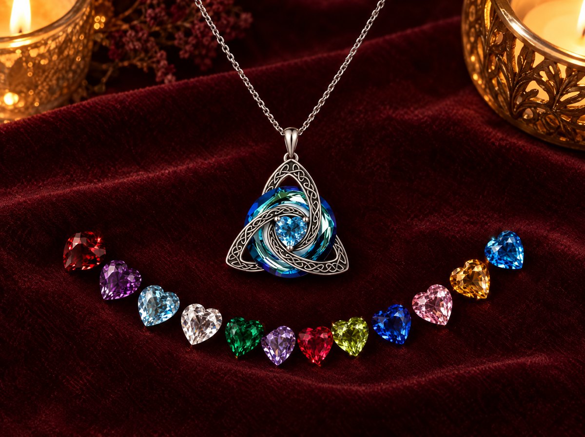 The twelve heart crystals in a fan on burgundy velvet, one knot at the fan’s hinge