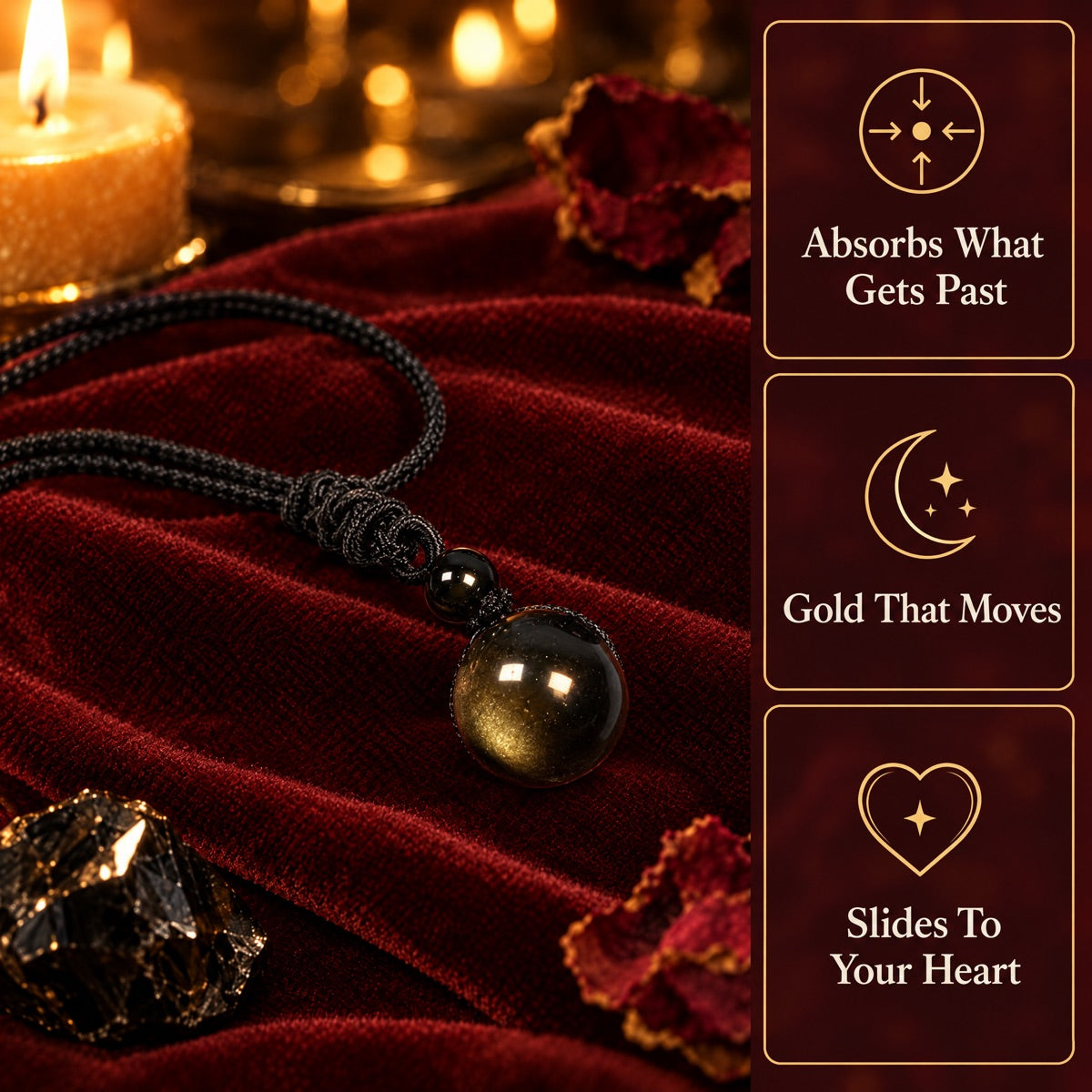 The golden obsidian sphere pendant on burgundy velvet by candlelight