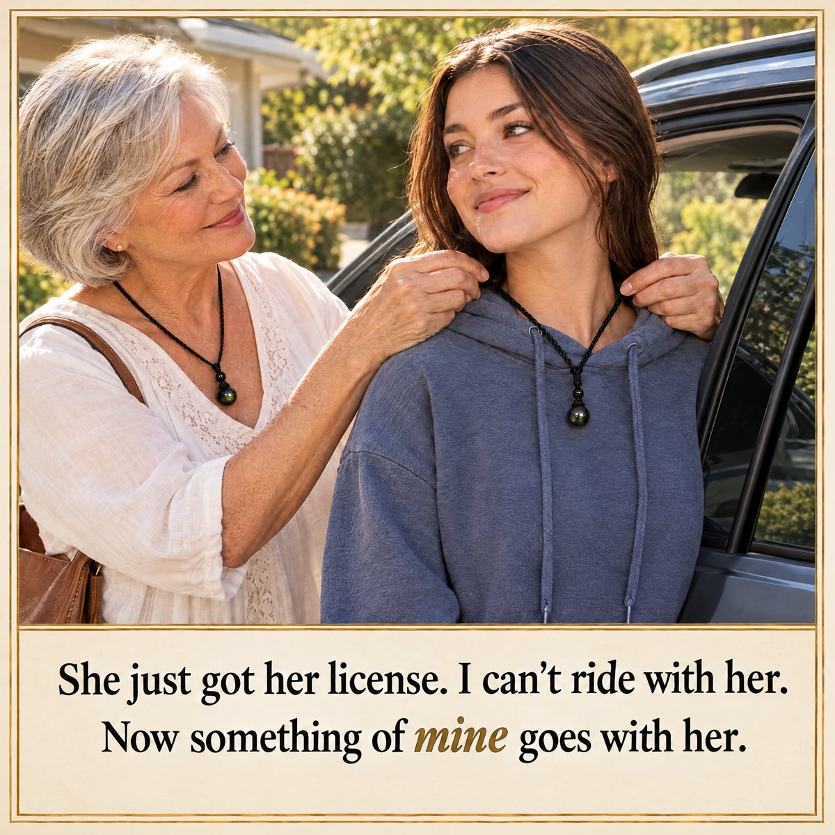 A grandmother of about 68 sliding the knot of the cord on her granddaughter’s neck (17, a learner’s look, jeans and a hoodie) by the open do