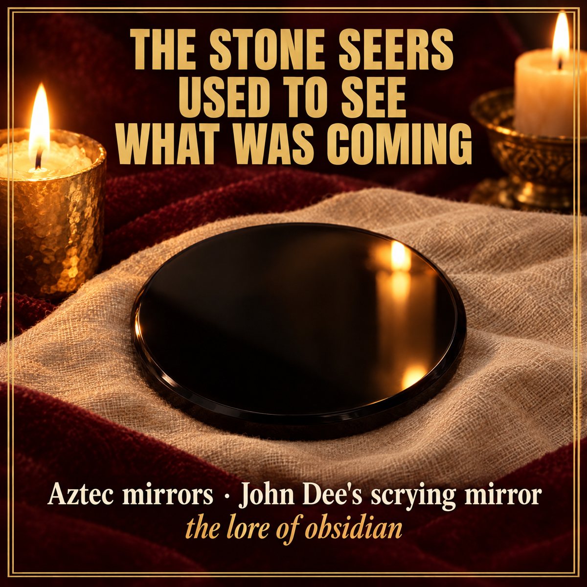 A polished black obsidian mirror on linen, lit by two candles, no person and no face in its reflection