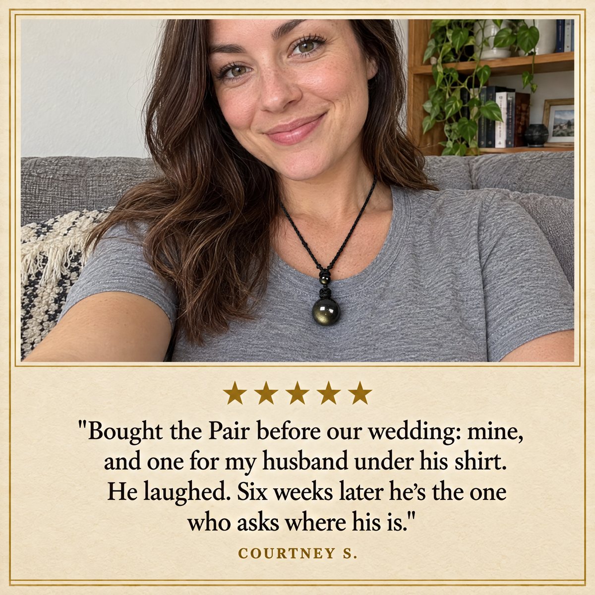 quote card with Courtney’s photo (31, at home, the sphere at her heart) and the comment, five stars, her first name