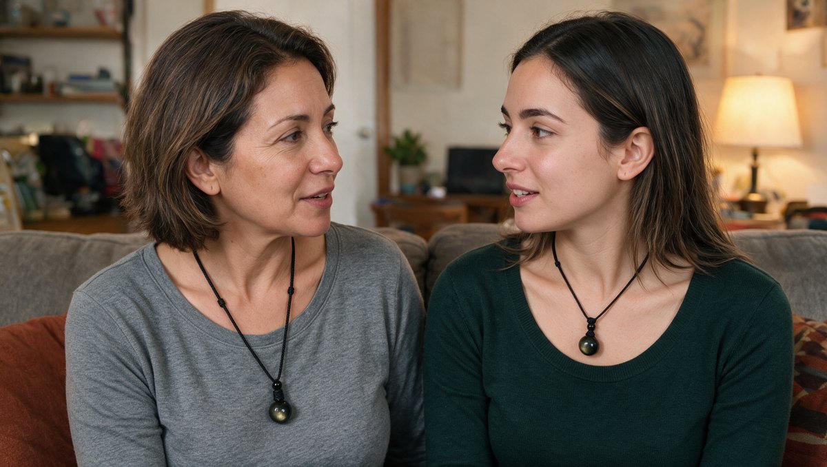A mother and her grown daughter on a sofa in lamp light, both necklines in frame, the two spheres at the heart, one on a short cord, one lon
