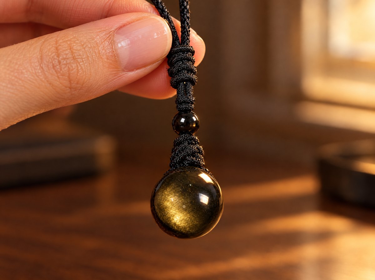 The cord’s sliding knot in close-up between two fingertips, the sphere soft-focus behind