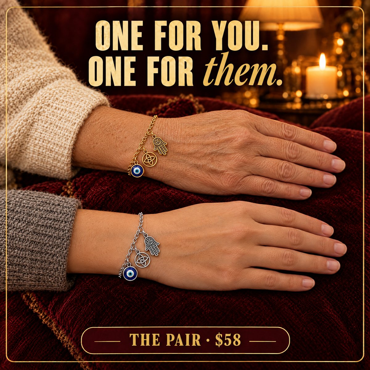 two left wrists side by side, one gold-tone Shield and one silver-tone, a mother and her grown daughter on a sofa, warm lamp light