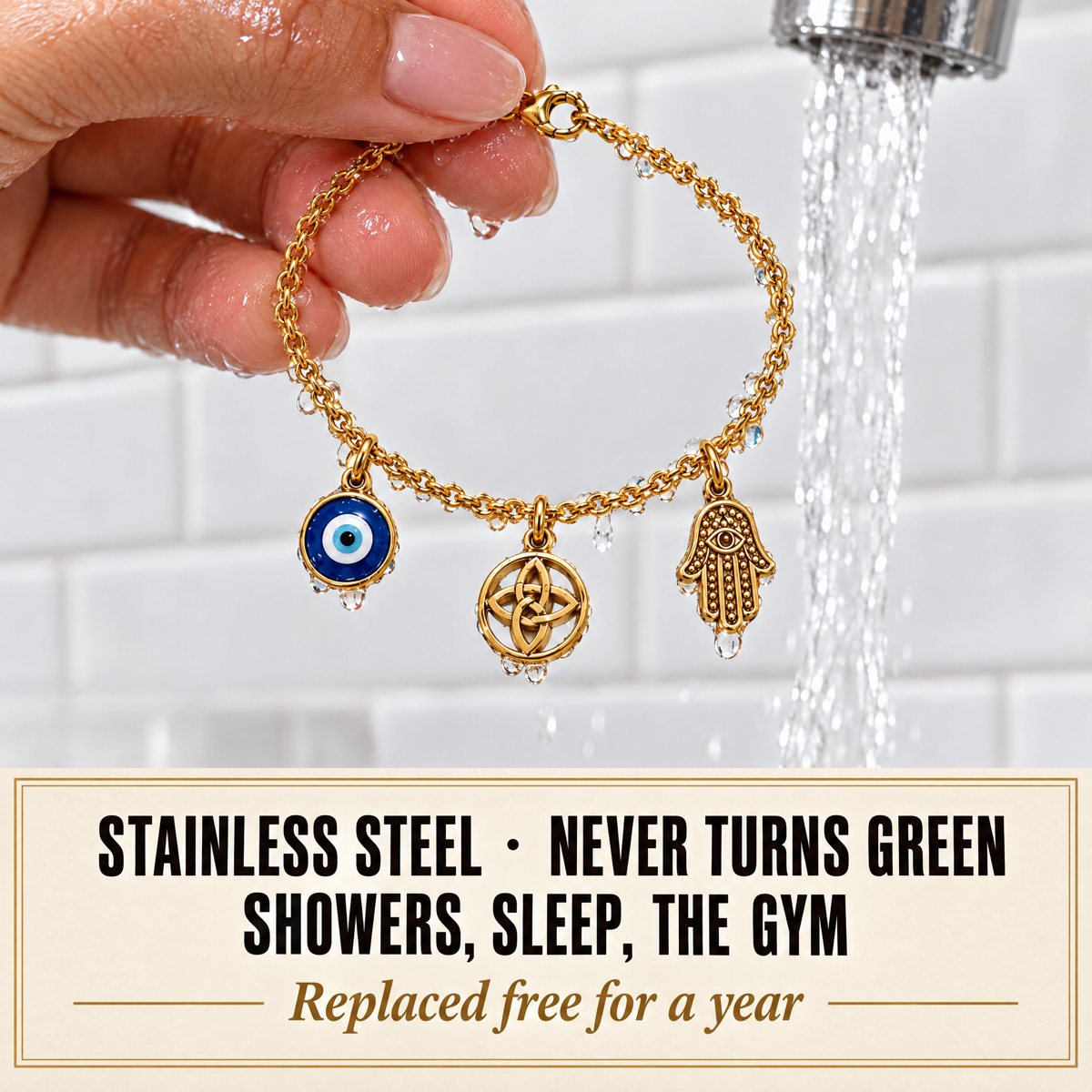 The Shield under running water at a kitchen tap, droplets on the chain, close-up