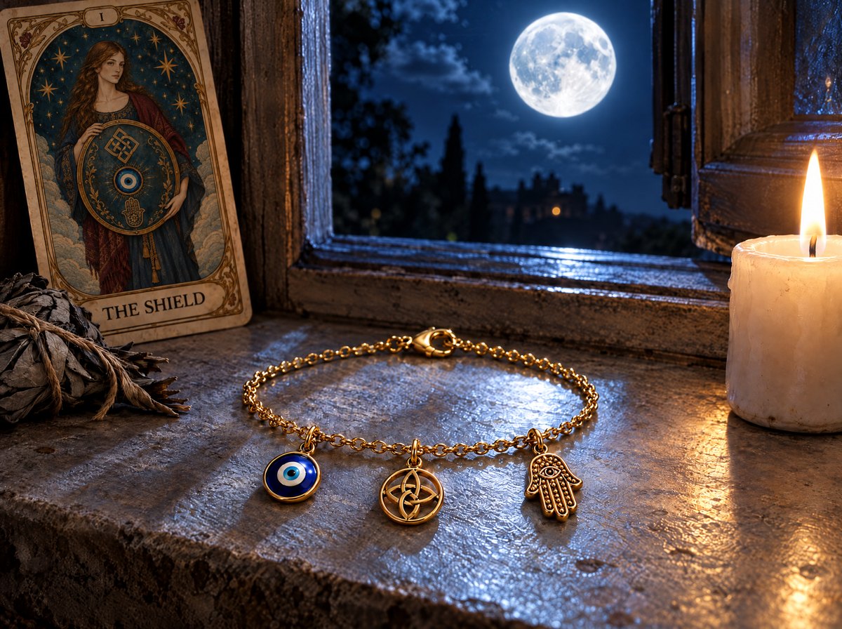 The bracelet on a windowsill under the full moon, card I The Shield (v2) standing beside it (k9 with the redrawn card, phase 7b)